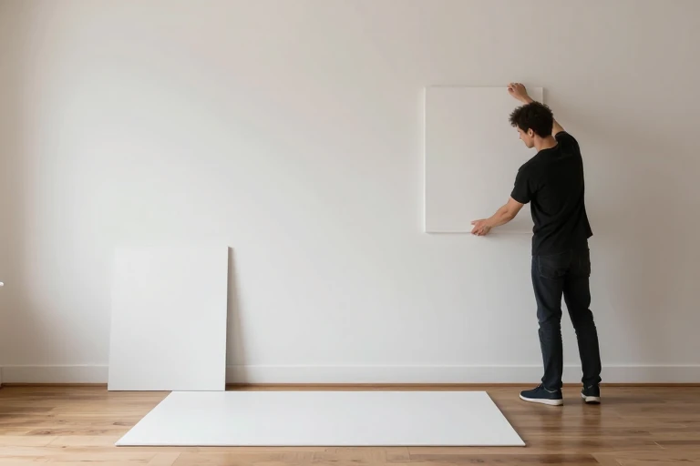Original abstract gallery wall being planned on the floor