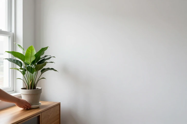 Houseplant placed with a protective saucer near natural light