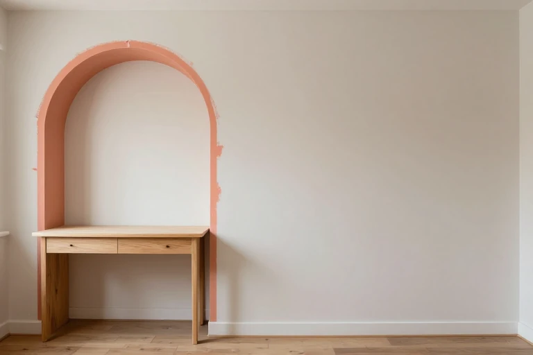 Painted color-block arch framing a bedroom desk