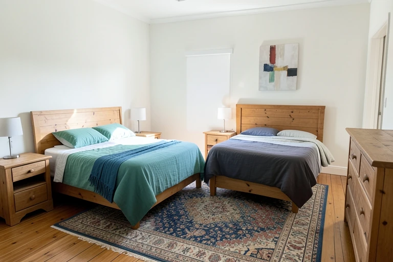Shared bedroom with distinct personal colors and common finishes