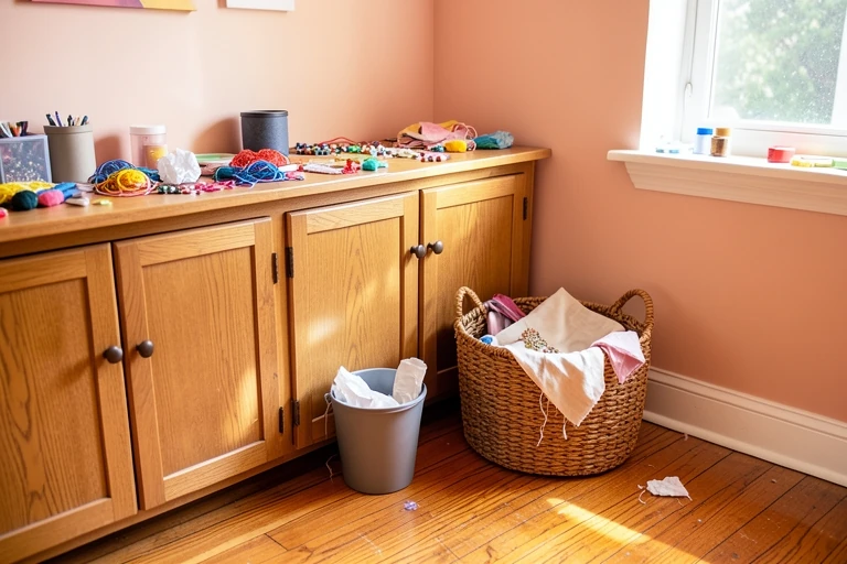 Current project stored in an accessible basket during cleanup