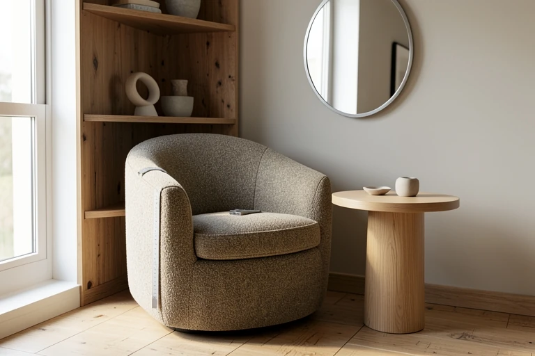 Rounded furniture balanced by simple straight shelving
