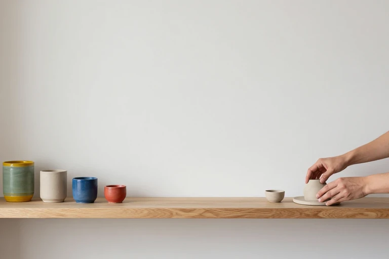 Lightweight handmade objects arranged on a shallow display ledge