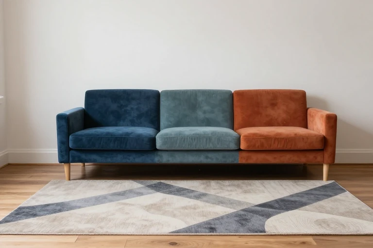 Low-pile graphic rug grounding a colorful seating area