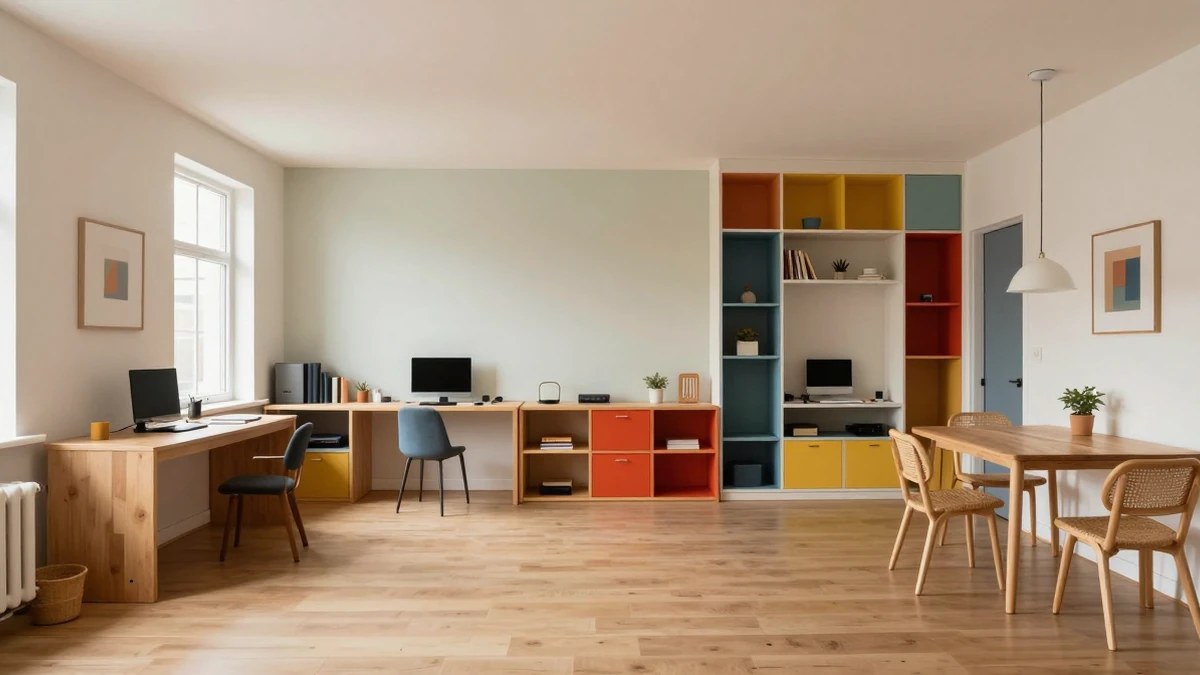 Wide playful interior with colorful furniture, storage and activity zones