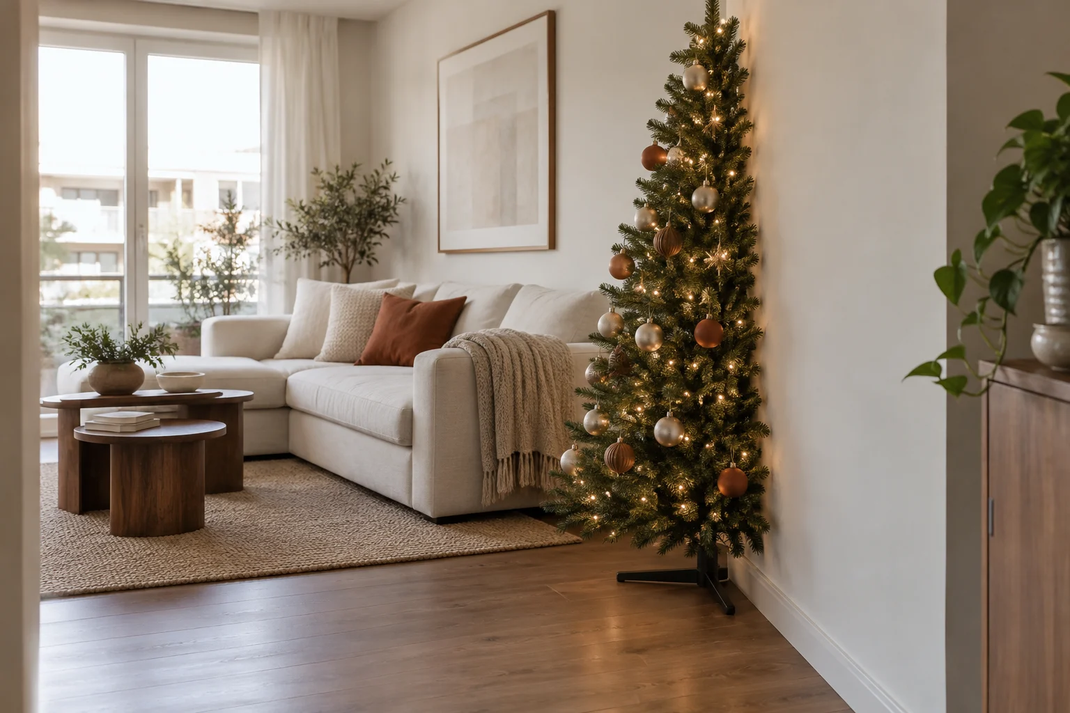 Flat-backed half Christmas tree shown from the side against a living room wall.
