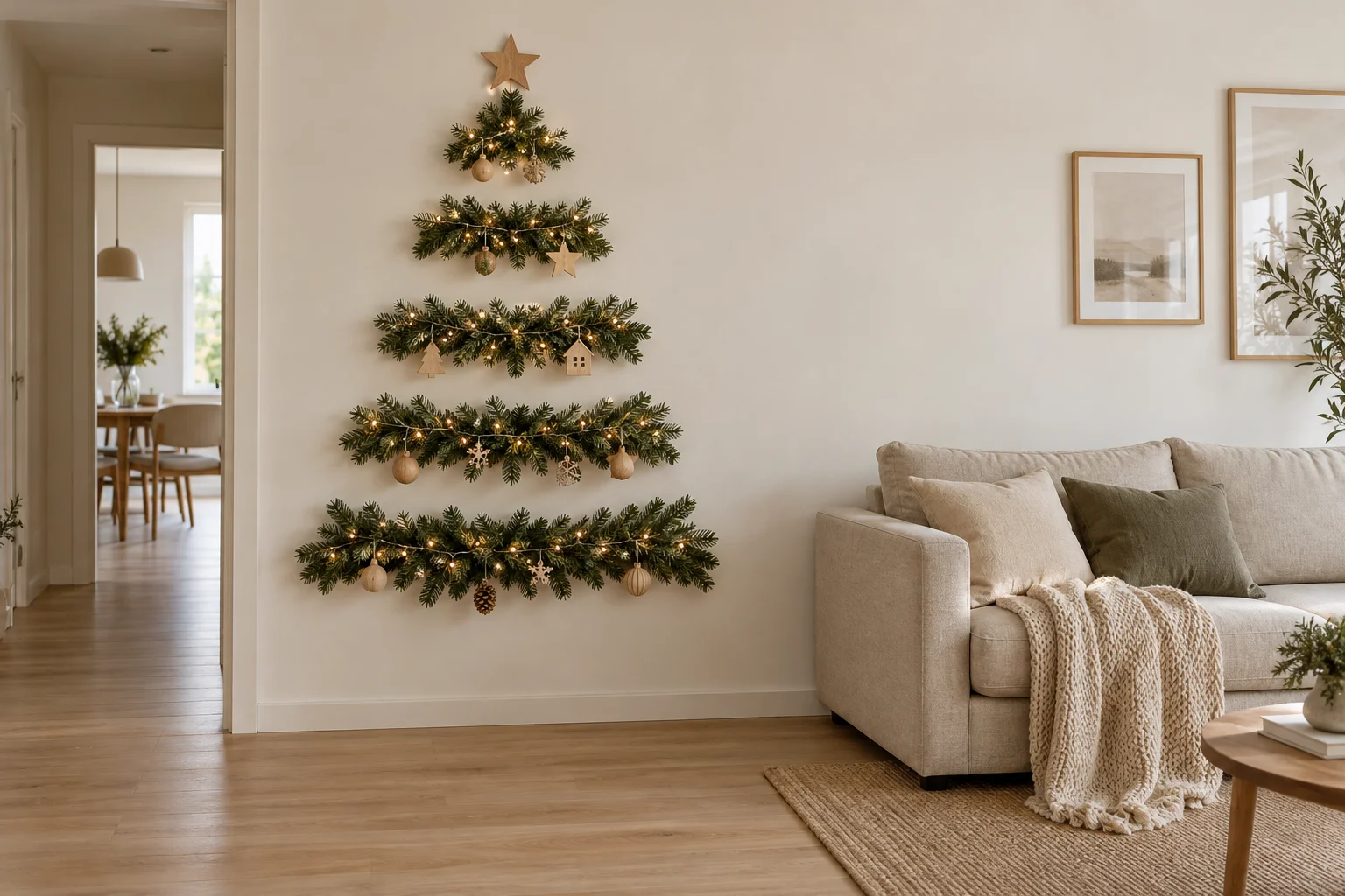 Tiered evergreen wall Christmas tree with tiny lights above clear living room floor space.