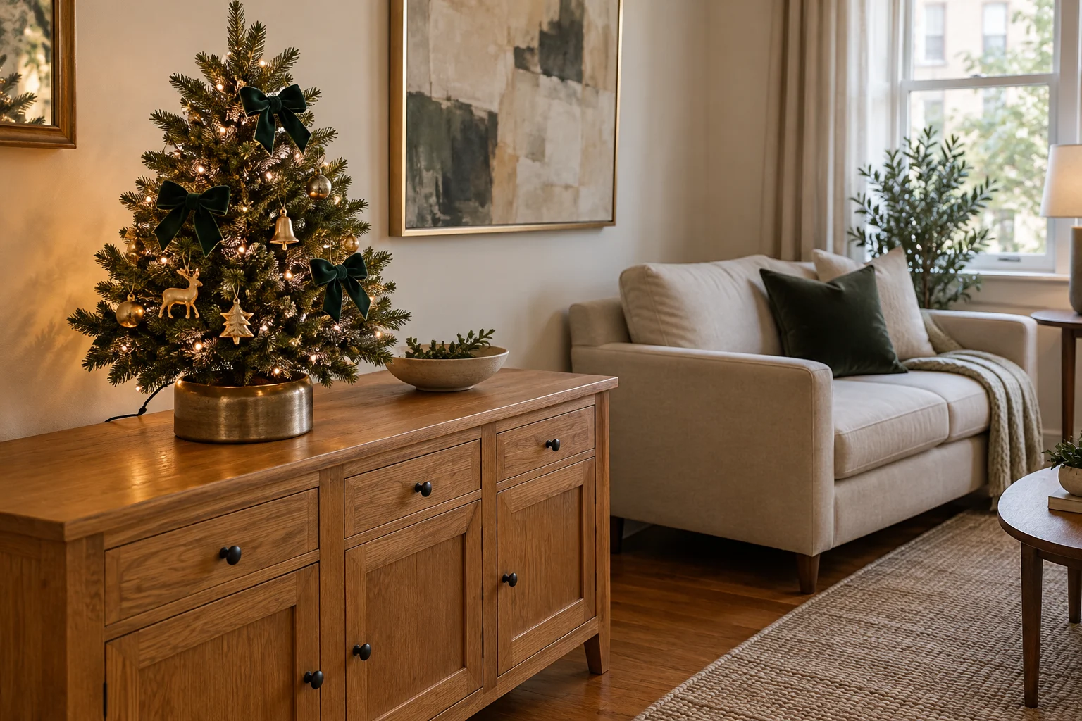 Small decorated tabletop Christmas tree with green velvet bows on a wood sideboard.