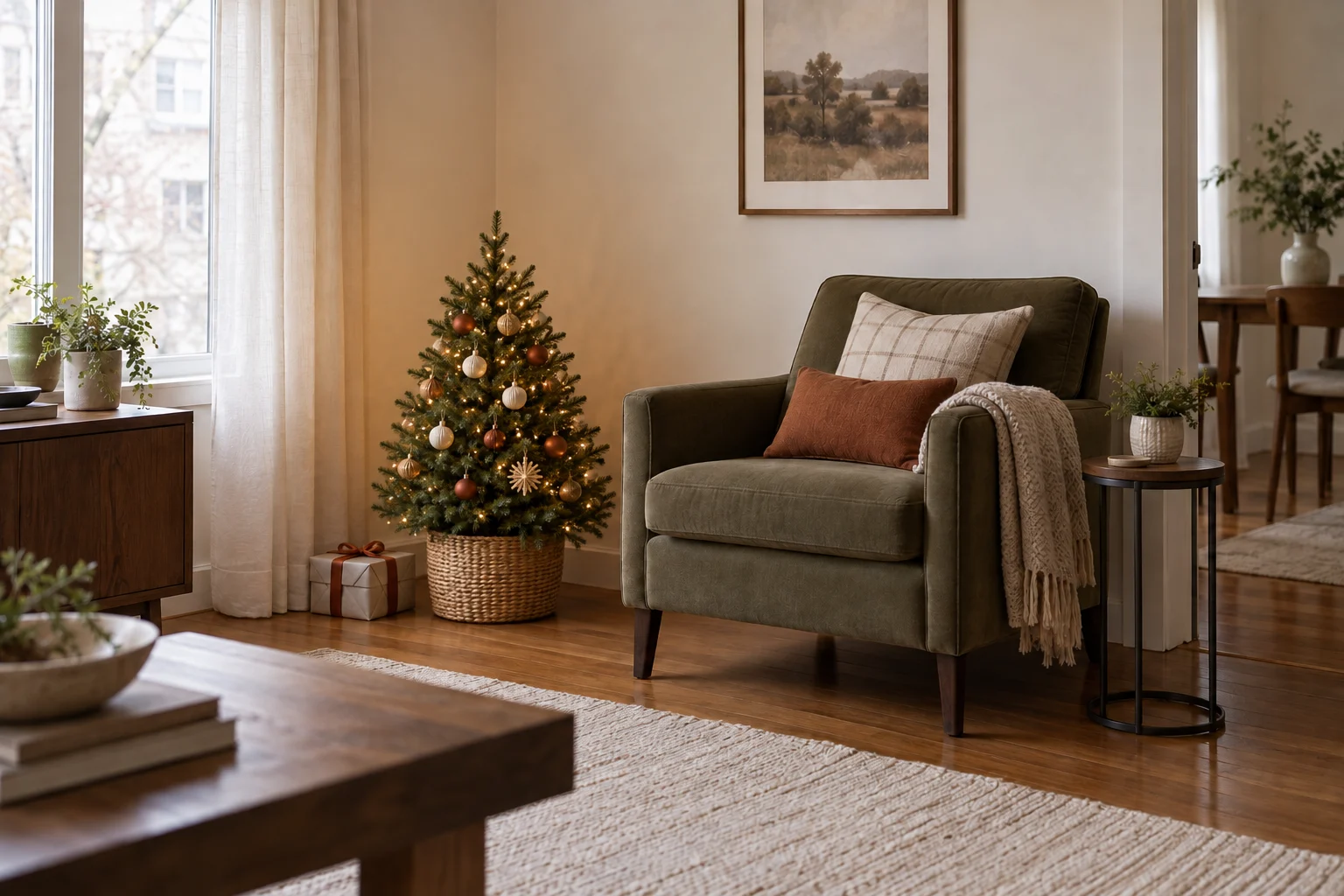 Compact Christmas tree in a basket beside a reading chair with the walkway open.