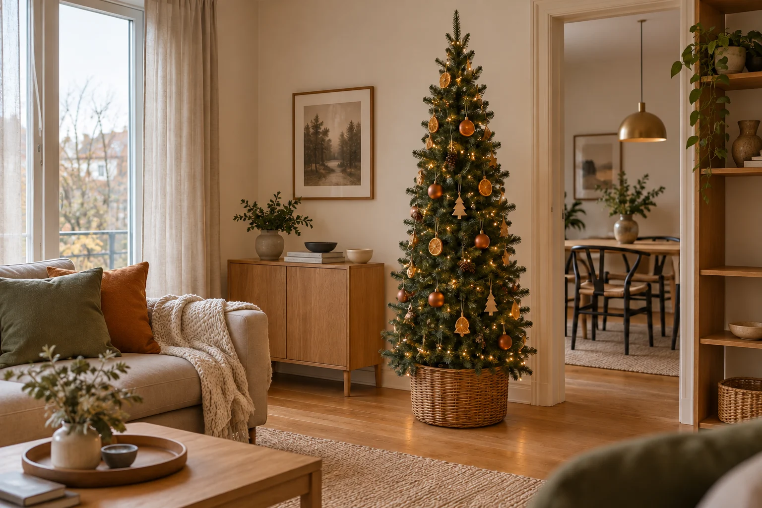 Christmas tree with orange-toned and wood ornaments in a warm oak living room.