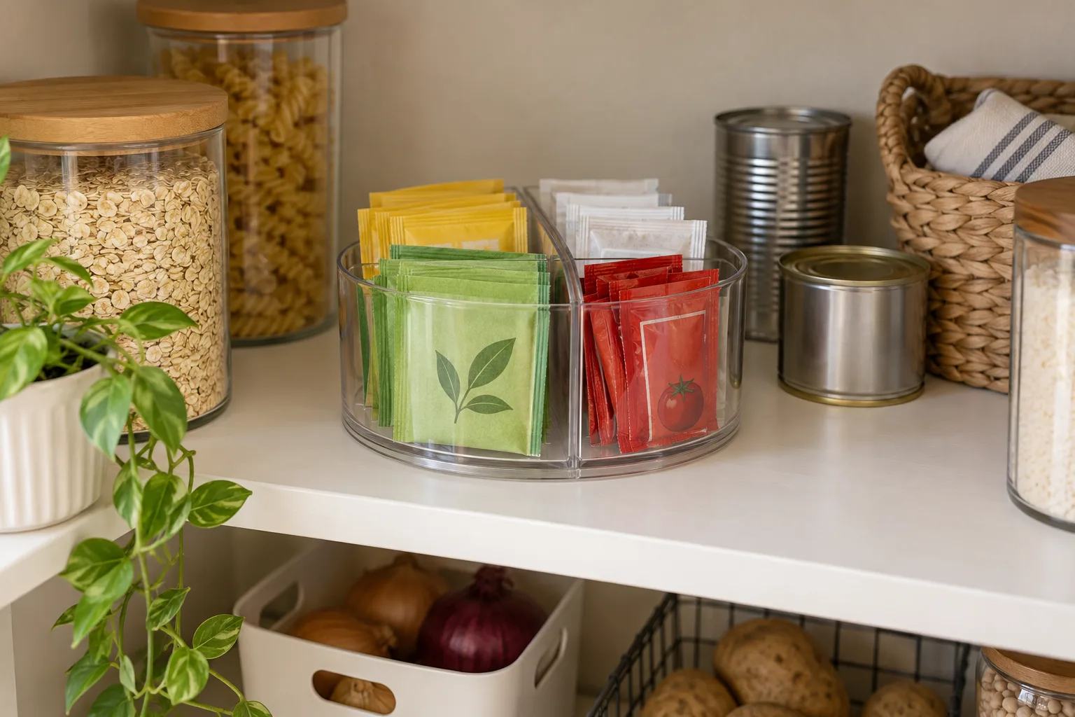 Divided turntable containing upright tea sachets and sealed small packets.
