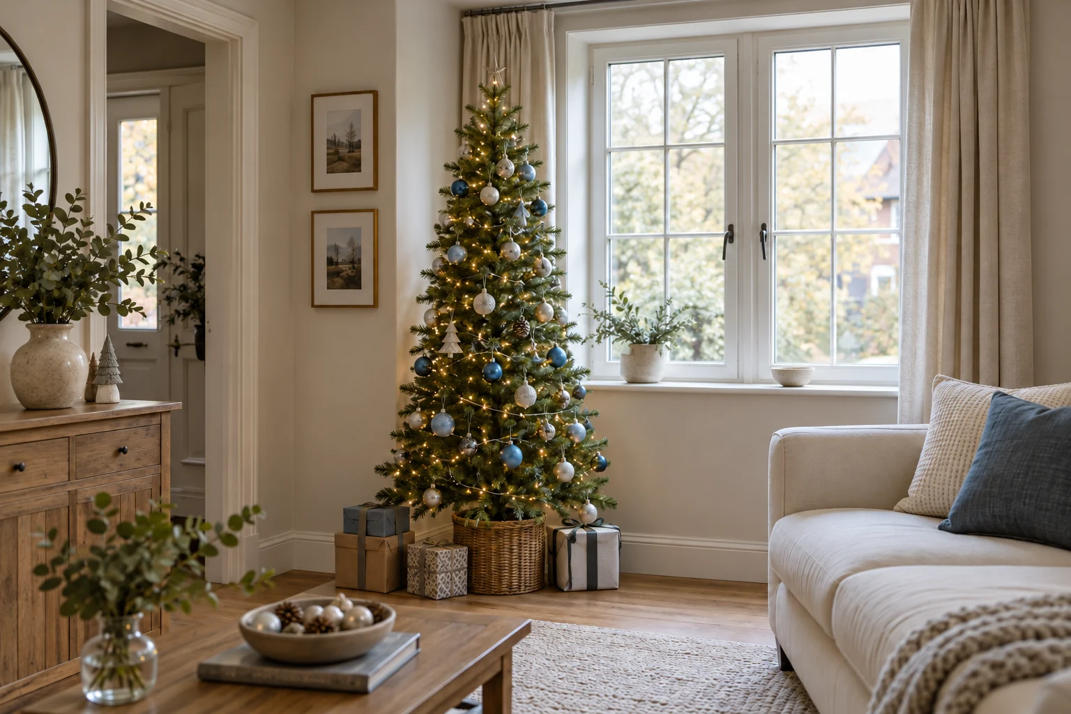 Blue and silver Christmas tree beside an accessible window in a small living room.