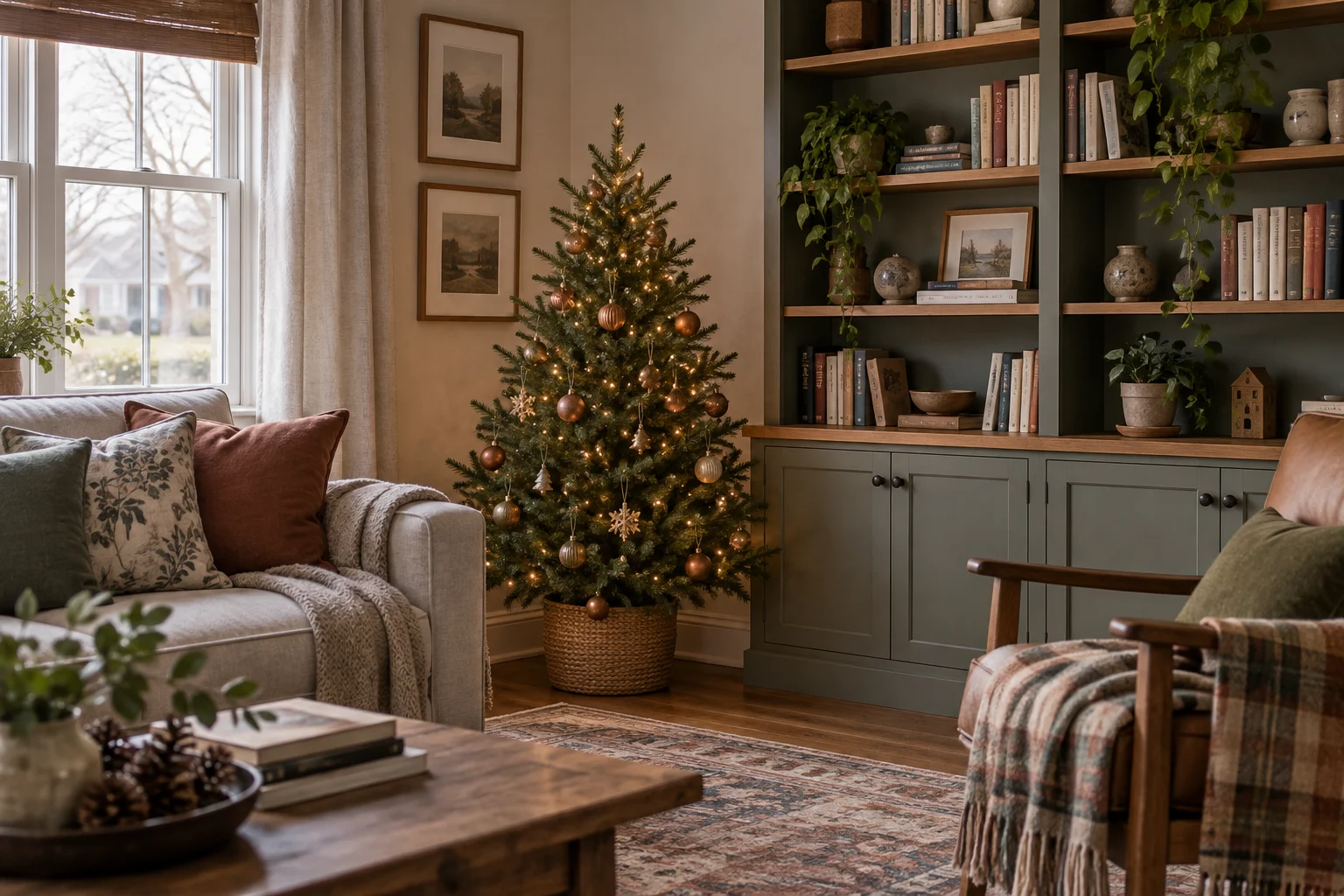 Christmas tree in a corner beside a bookcase with the cabinet fronts accessible.