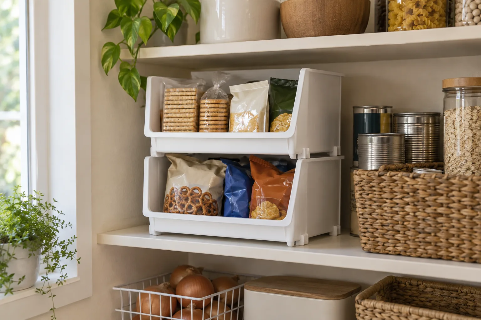 Two stable front-opening pantry bins with lightweight sealed snack packages.