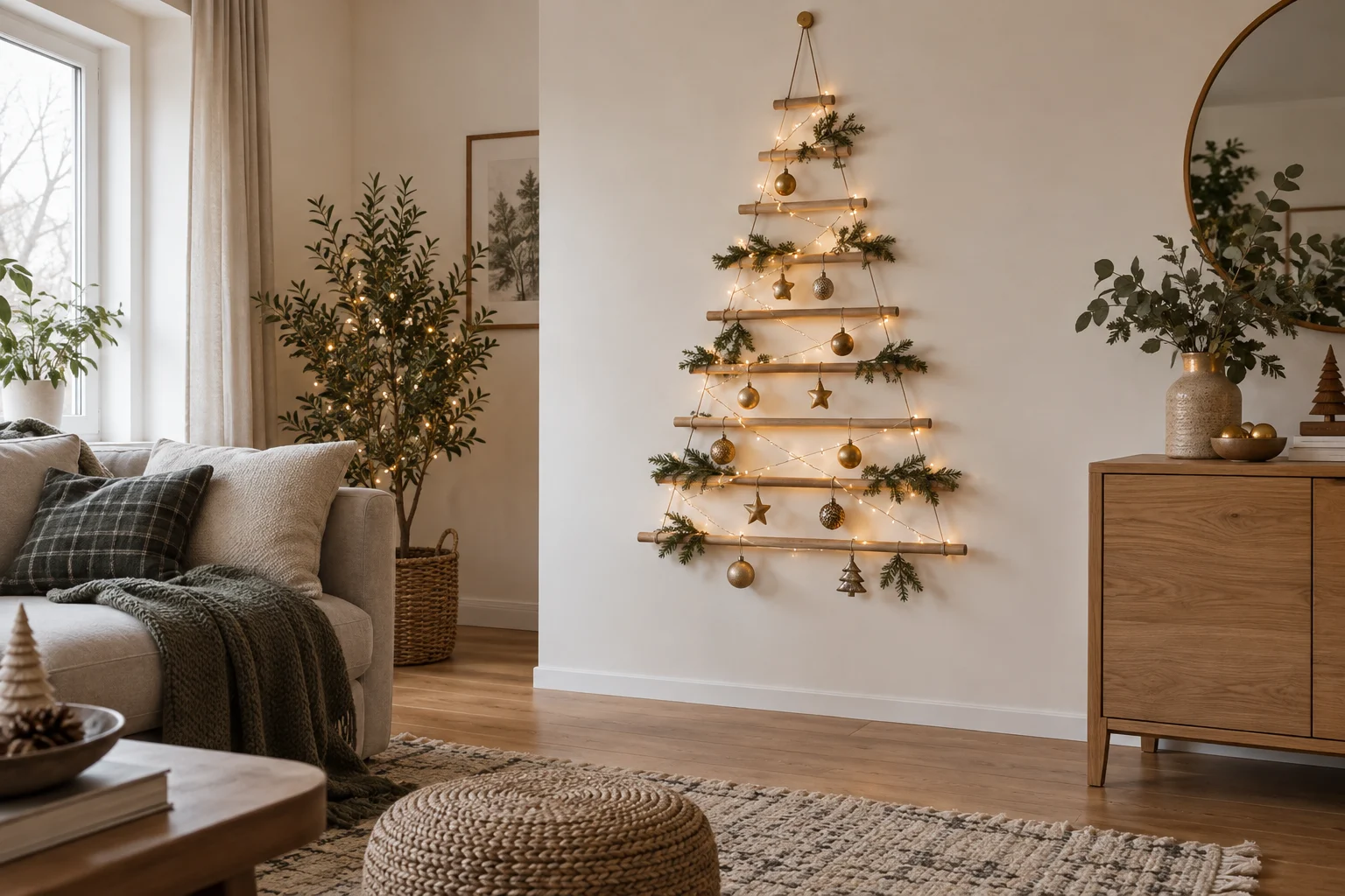 Graduated wood-dowel Christmas tree mounted on a wall with small gold ornaments.