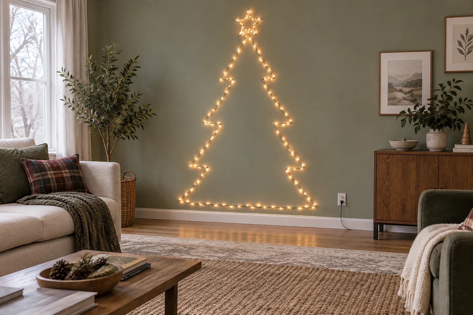 Warm string lights outlining a Christmas tree shape on a sage living room wall.