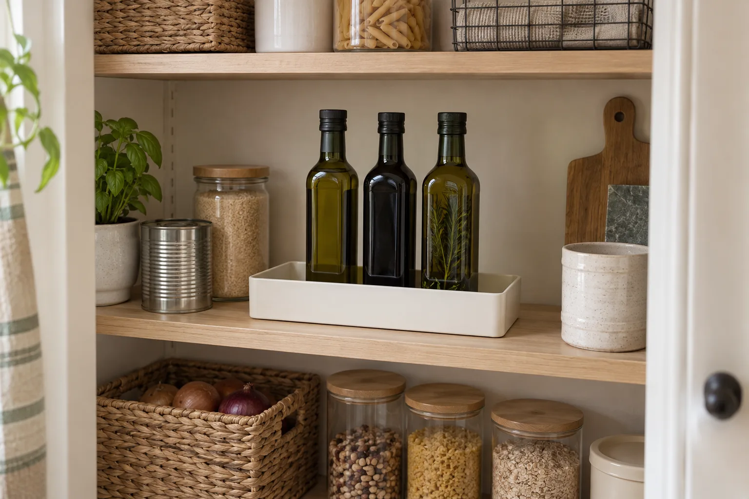 Narrow washable pantry tray holding upright closed oil and vinegar bottles.