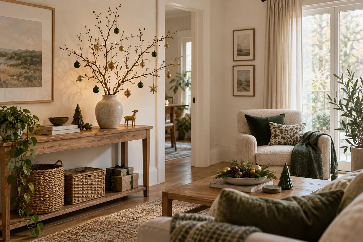 Decorative branches with small ornaments in a stable vase on an oak console.