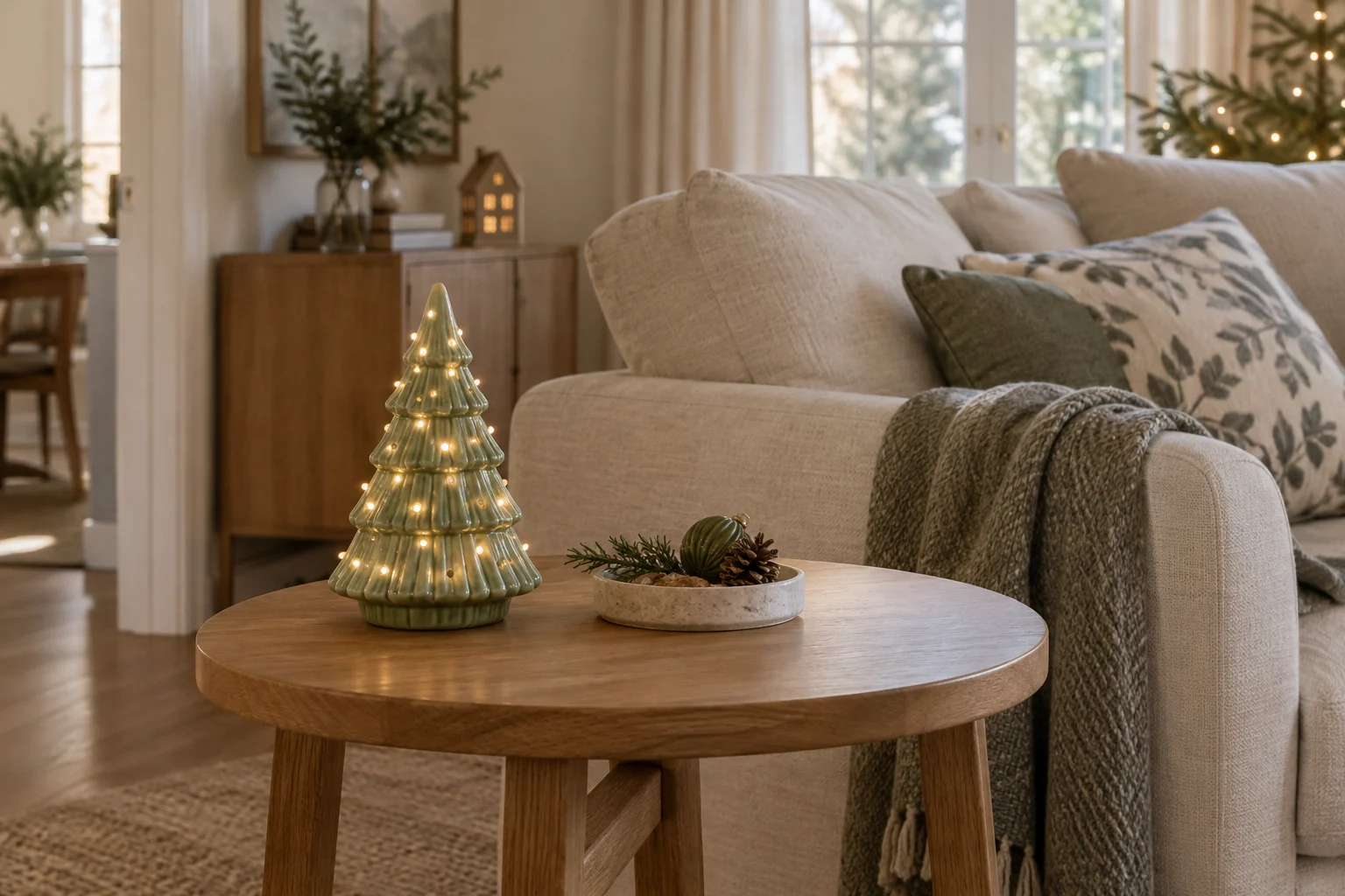 Small illuminated pale green ceramic Christmas tree on an oak side table.