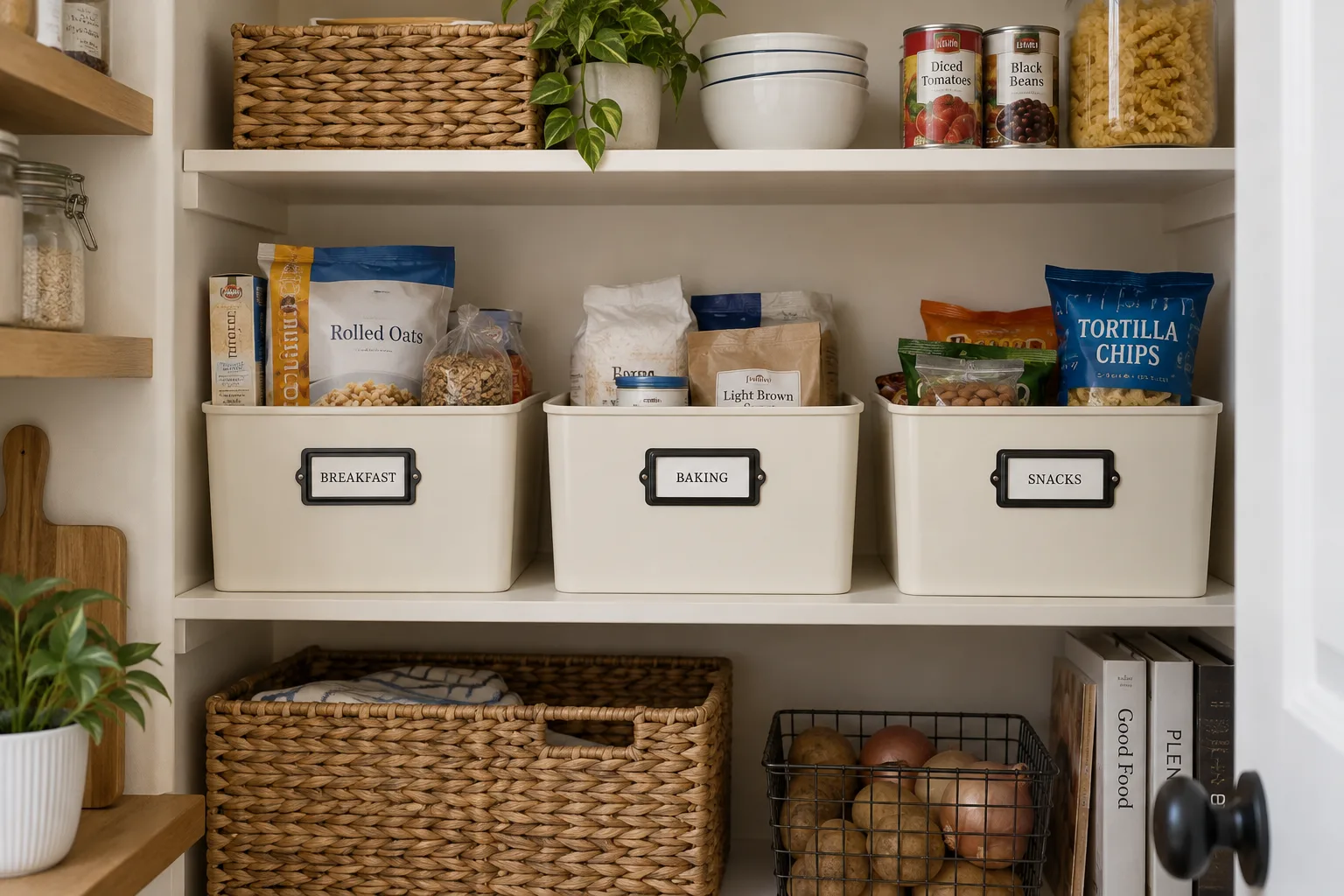 Three pantry bins with physical category labels for breakfast, baking, and snacks.