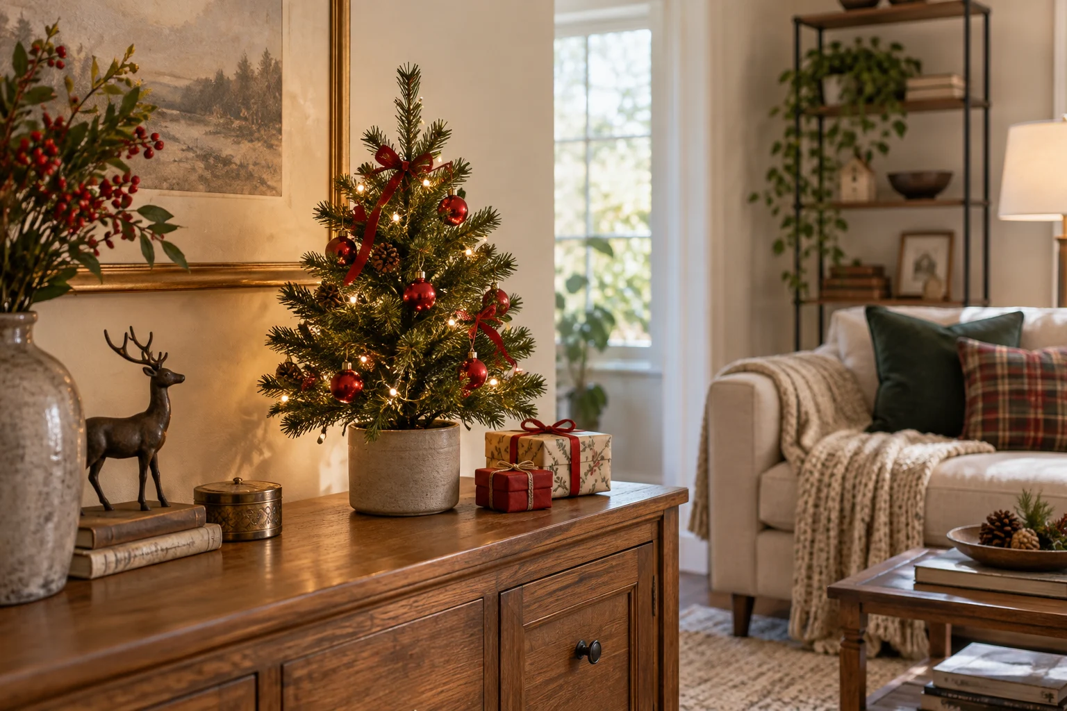 Miniature tabletop Christmas tree with red ornaments and ribbon on a wood sideboard.