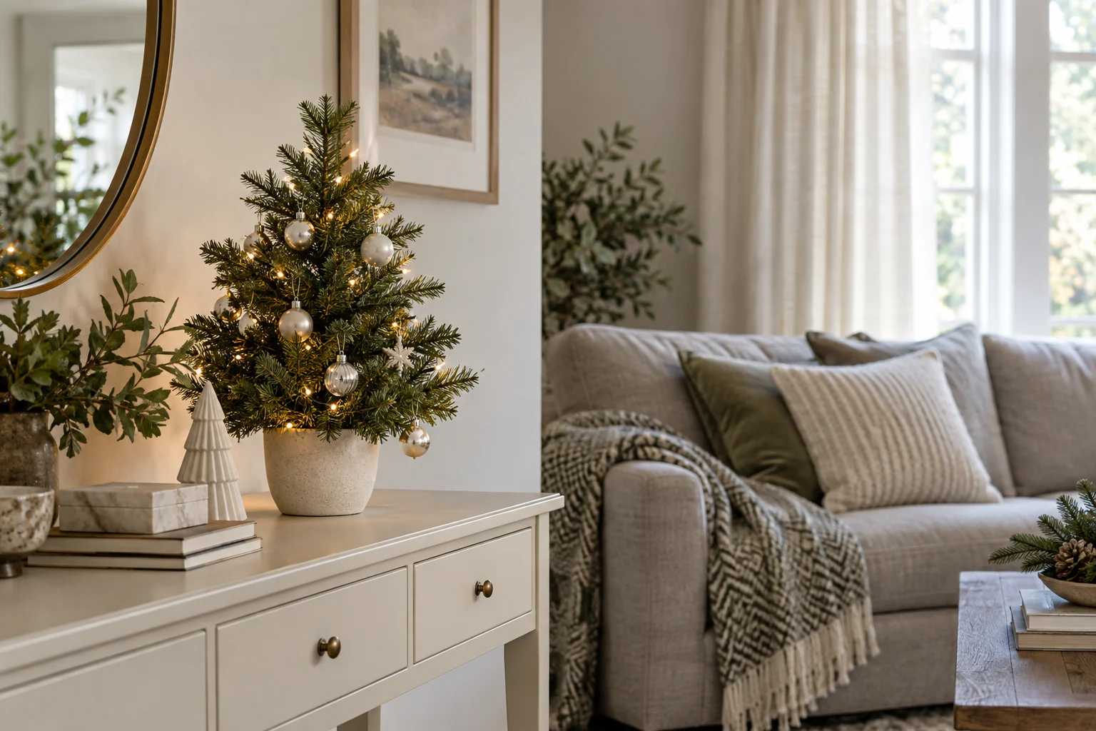 Small silver-and-white decorated Christmas tree on a pale console.