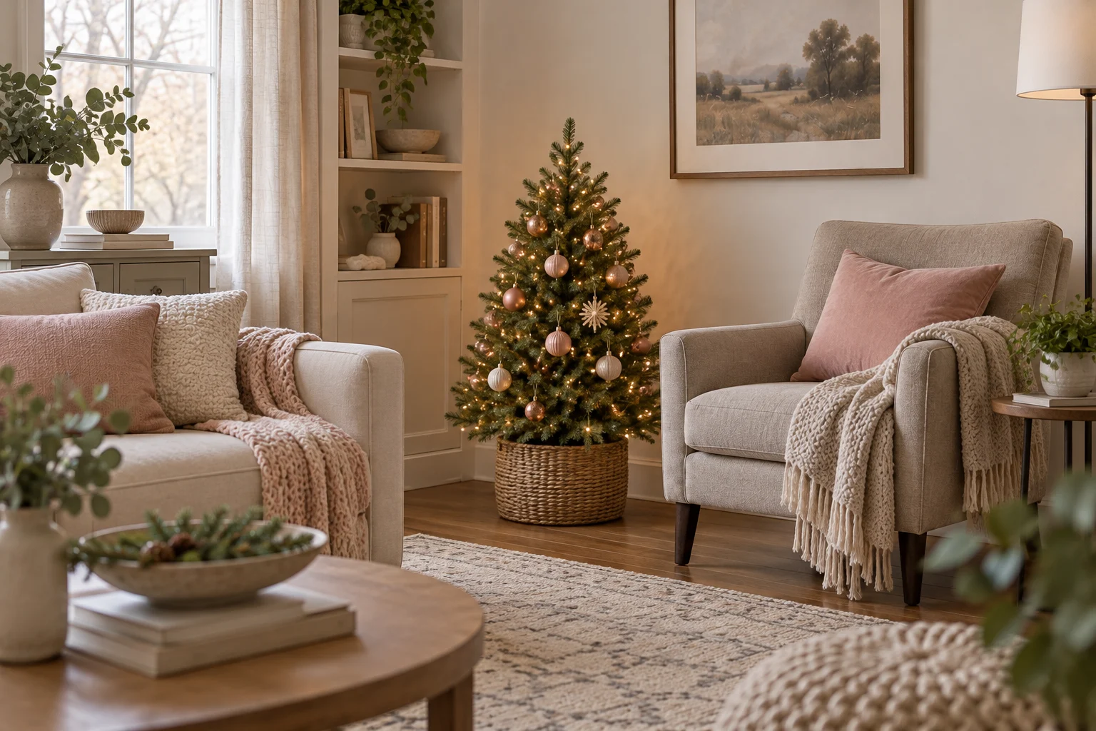 Compact floor tree with blush ornaments beside a chair and blush sofa cushions.