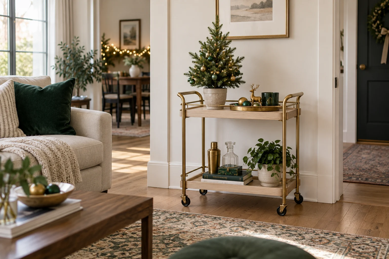 Miniature Christmas tree and holiday tray on an existing two-tier bar cart.
