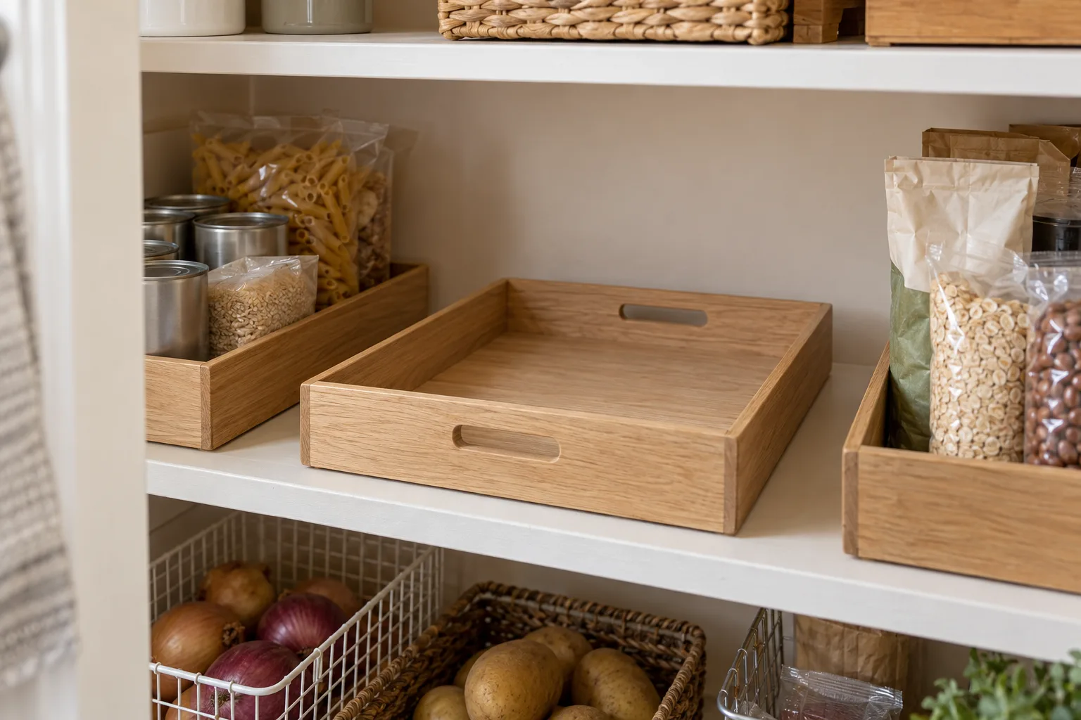 Empty shallow restocking tray beside orderly pantry categories with clear shelf space.