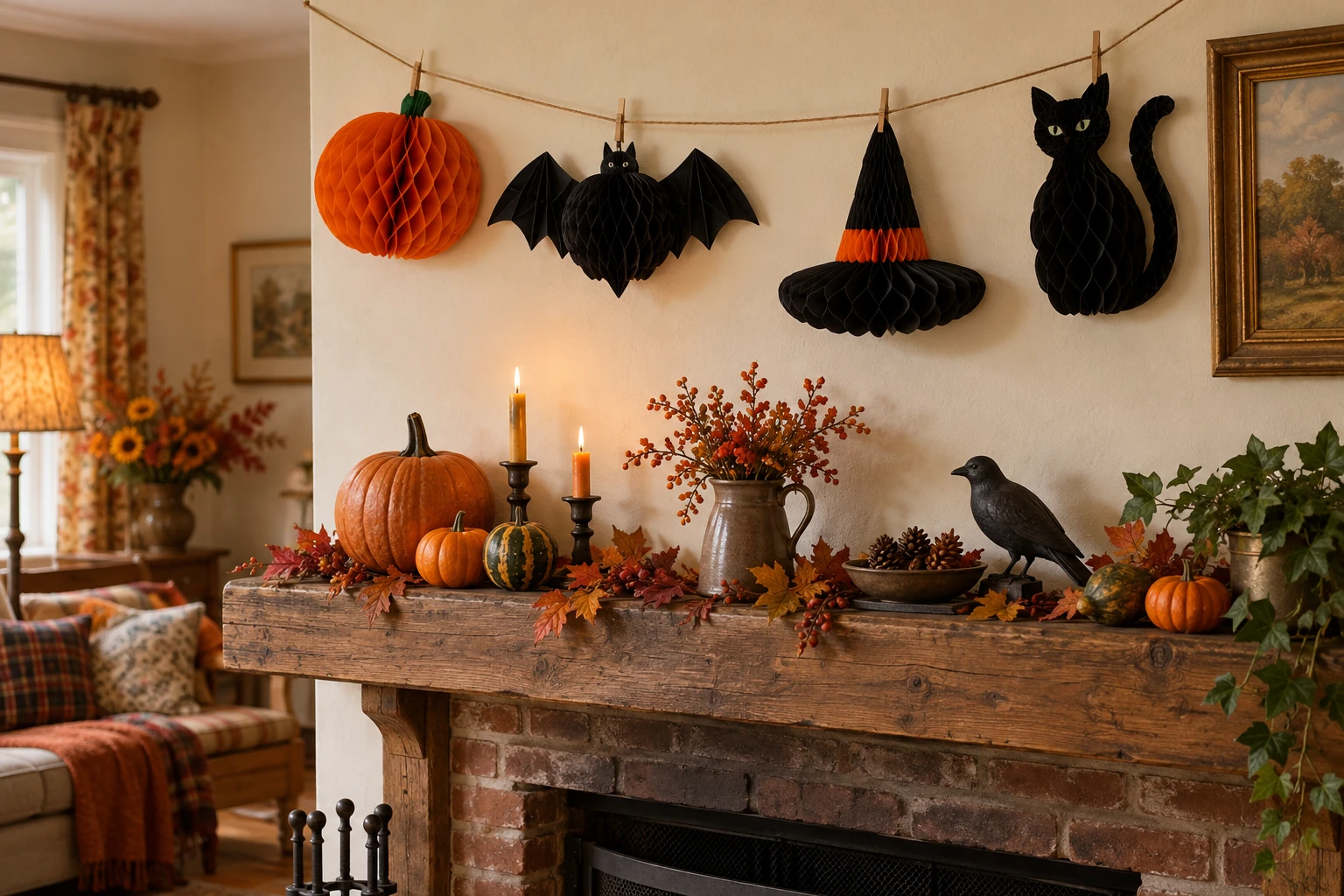 Black and orange honeycomb paper Halloween silhouettes above a mantel