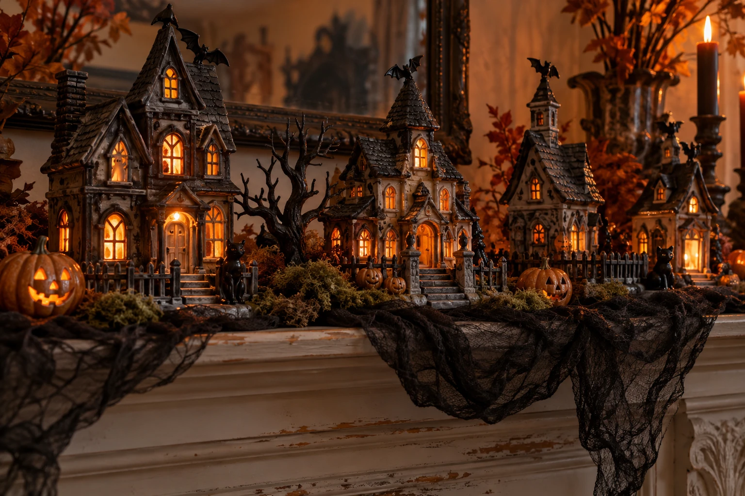 Illuminated ceramic Halloween haunted house village on a mantel