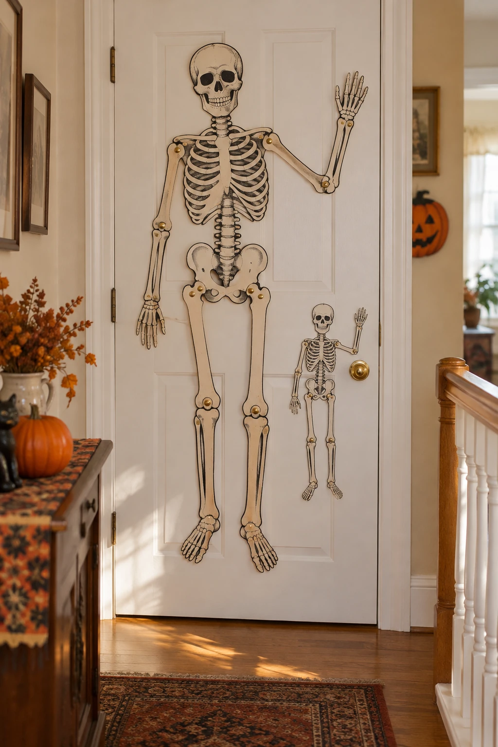 Jointed cardstock Halloween skeletons with paper fasteners on a door
