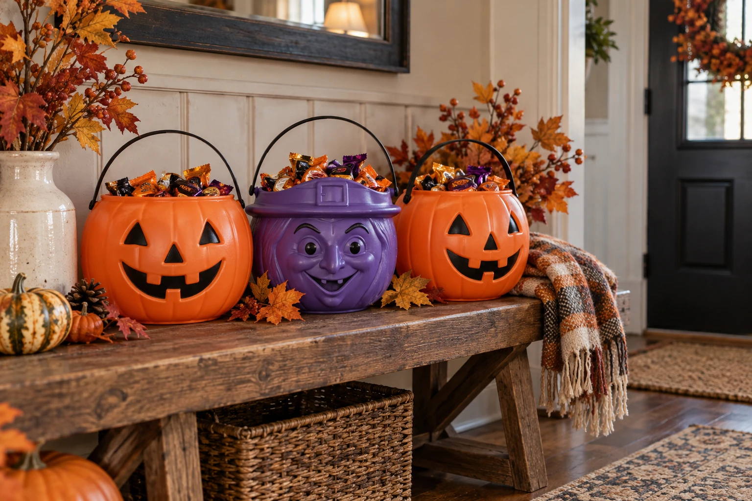 Plastic pumpkin trick-or-treat pails filled with wrapped candy