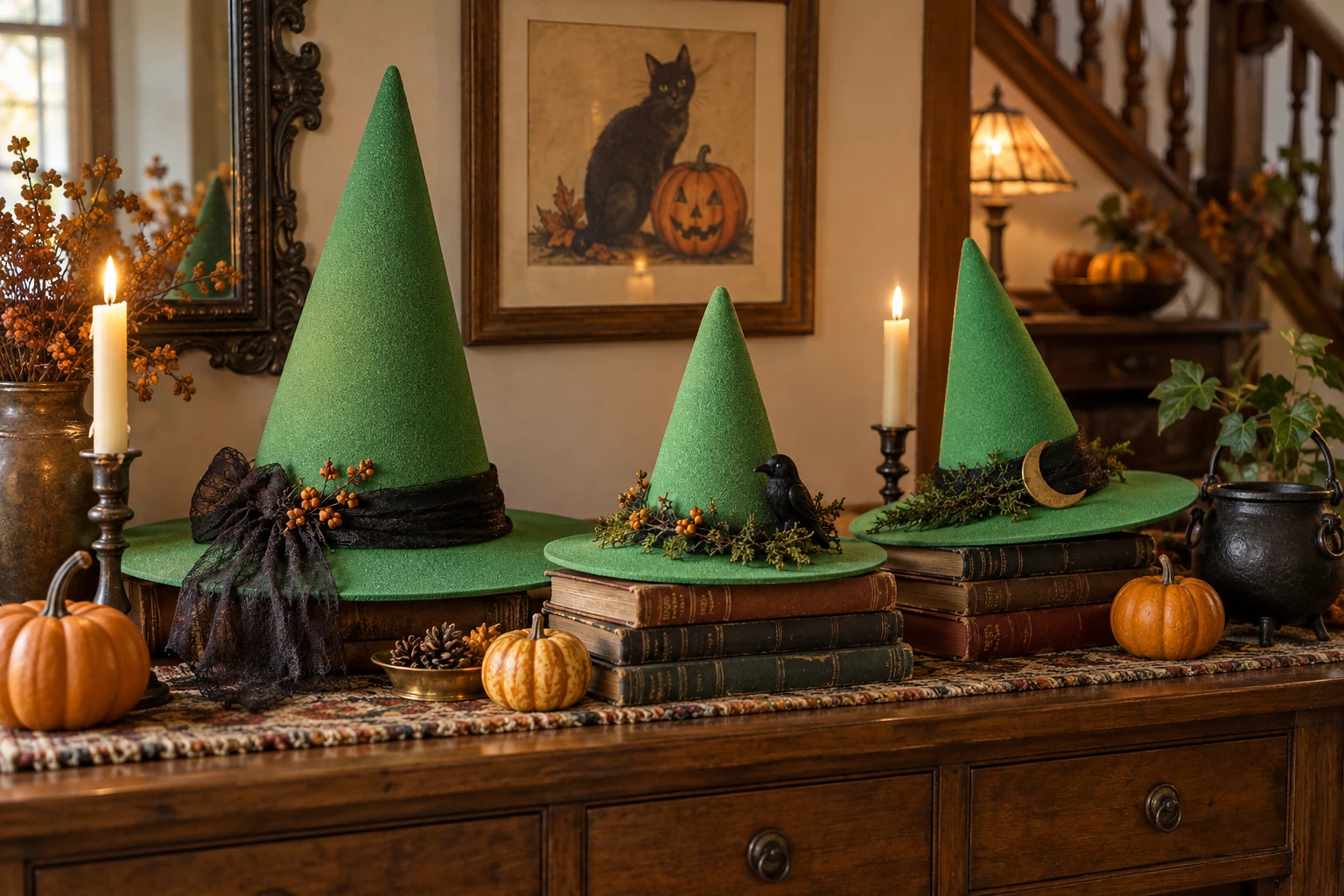 Green foam witch hat vignette with books and pumpkins