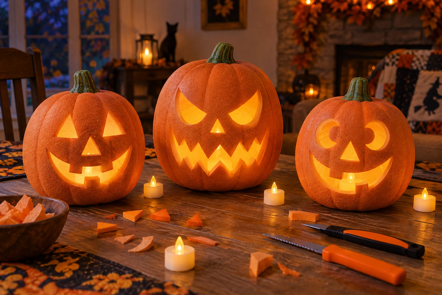 Three carved foam jack-o-lanterns with battery candles