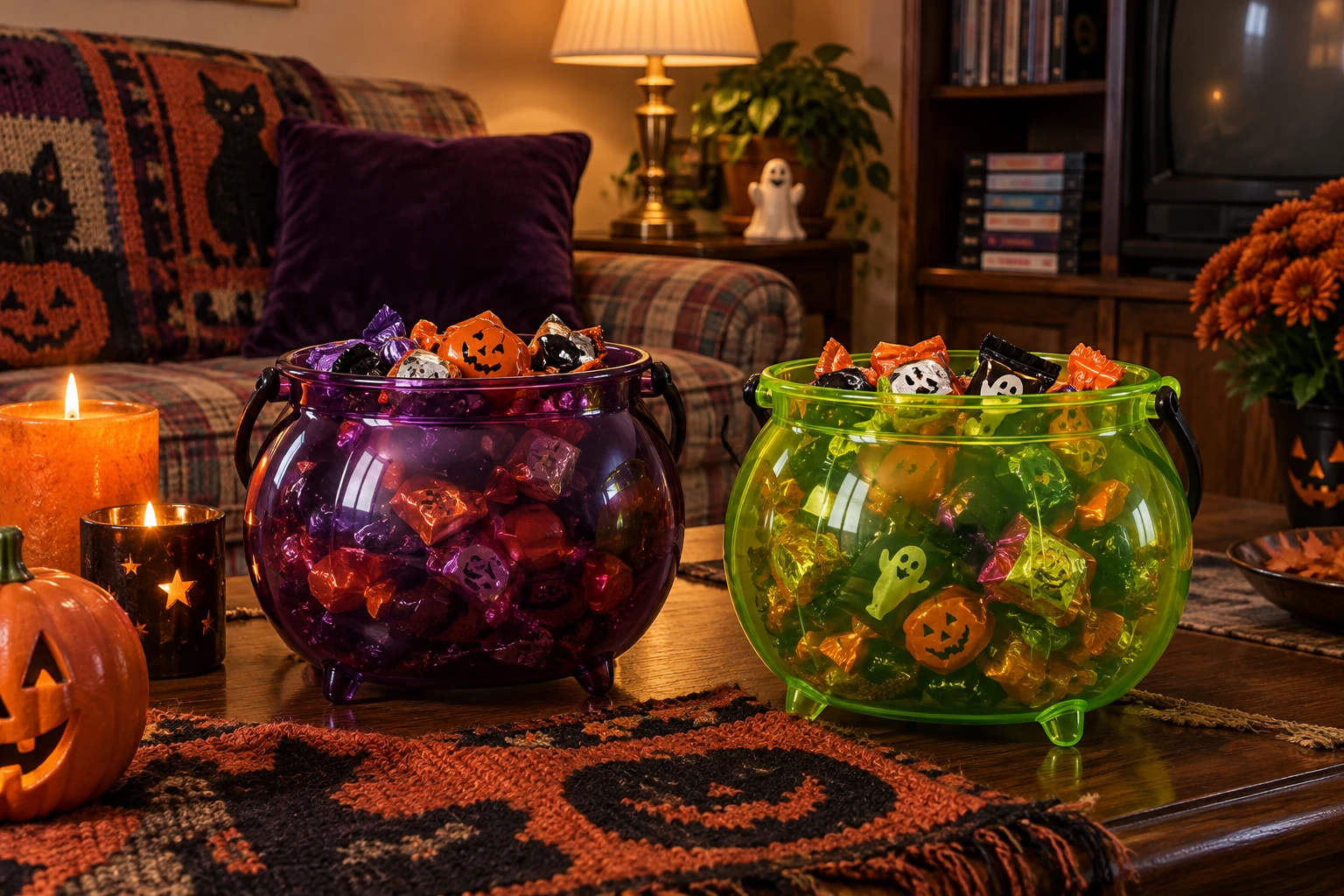 Translucent purple and green acrylic cauldron candy bowls