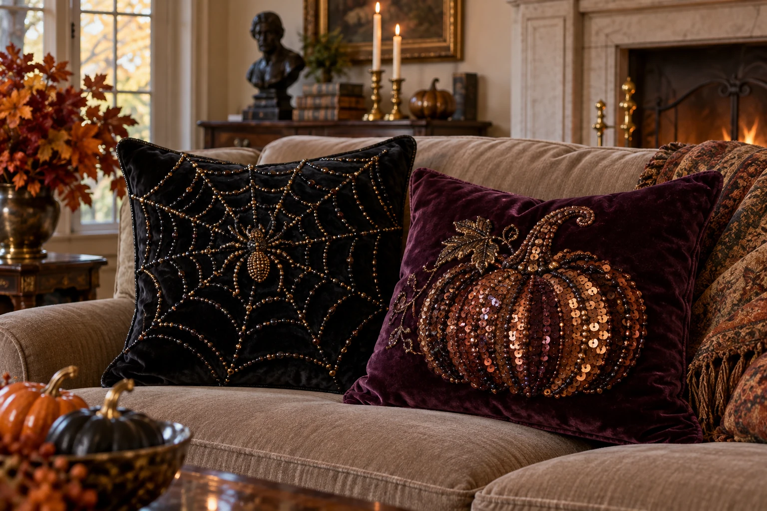Beaded and sequined Halloween velvet accent pillows