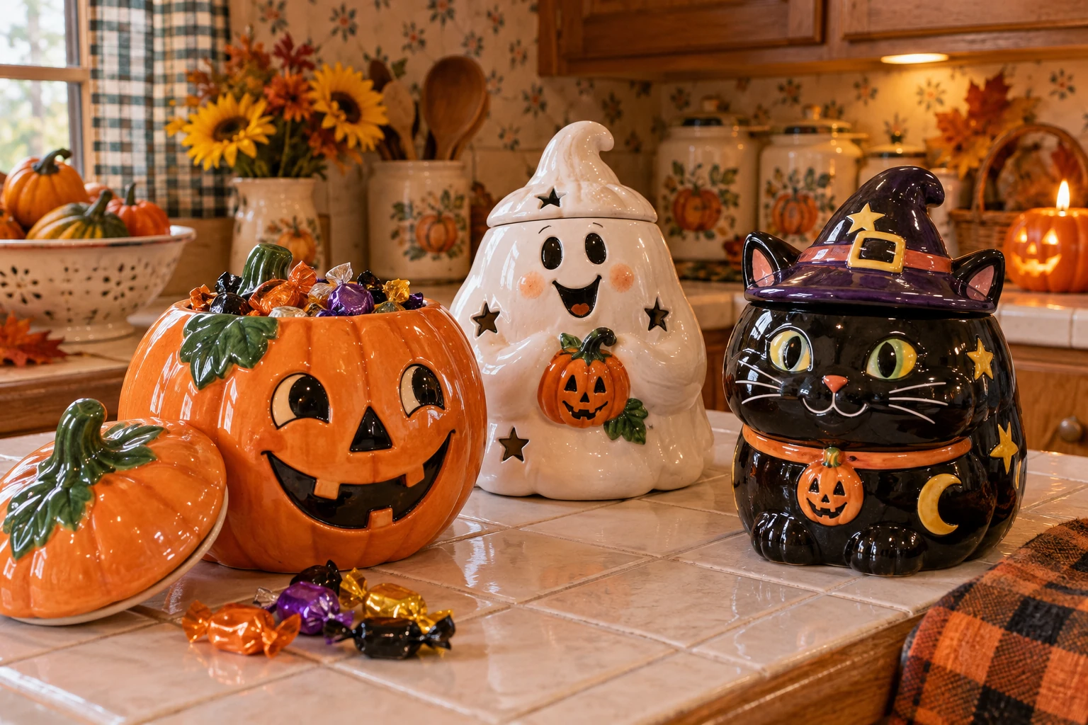Painted ceramic pumpkin, ghost, and black cat treat jars