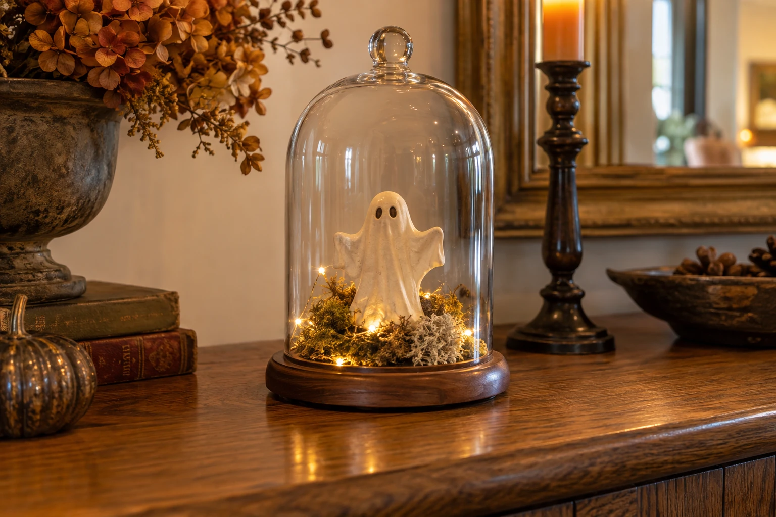 Small ghost lantern displayed beneath a glass cloche