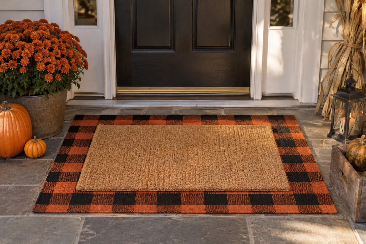 Layered coir and buffalo check Halloween front door mats