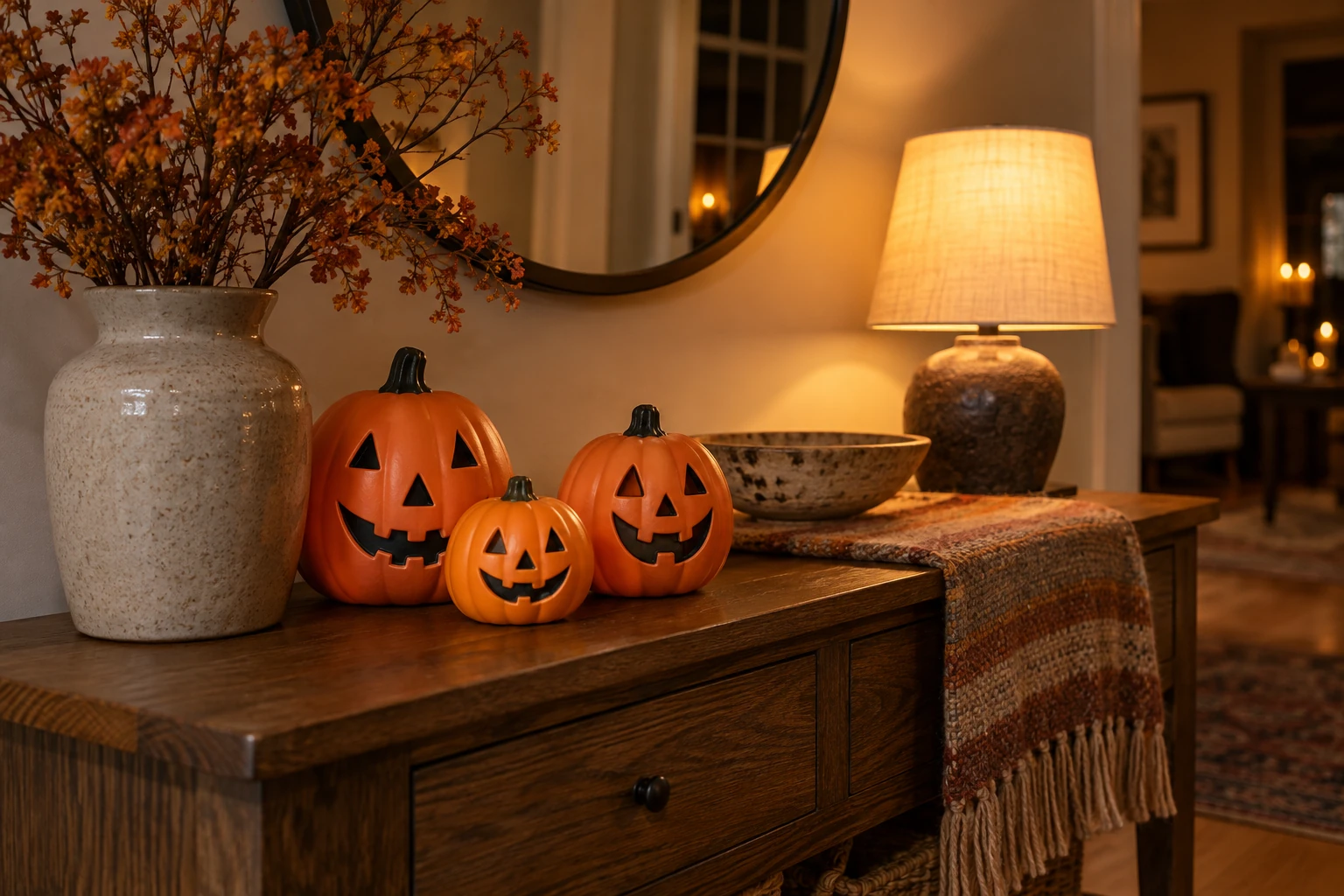 Balanced Halloween pumpkin vignette with warm accent lighting
