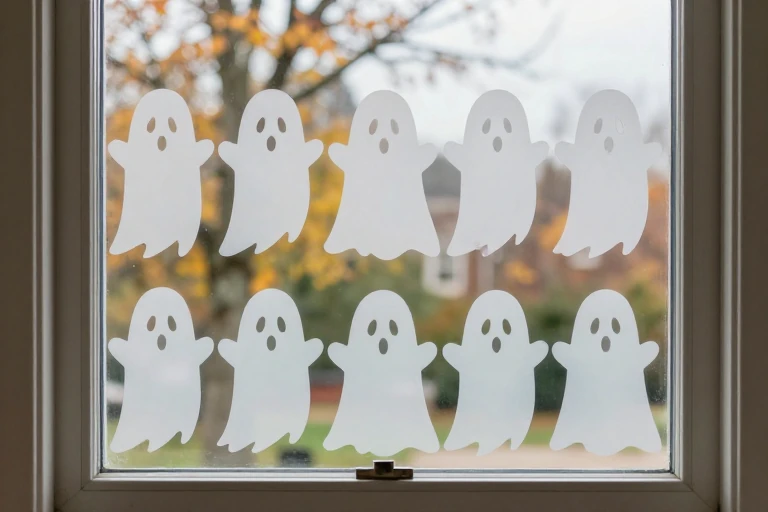 Retro ghost static window clings attached to clean double-hung window glass.