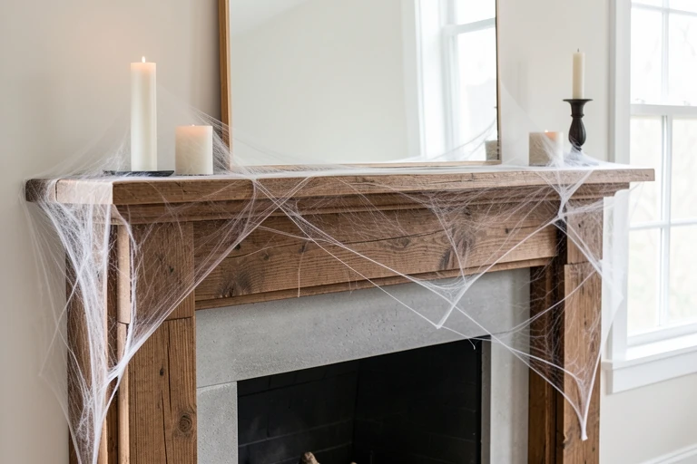 Faux Cobwebs Stretched Across Mantels for 23 Fun 90's Halloween Decor Ideas for Nostalgic Homes