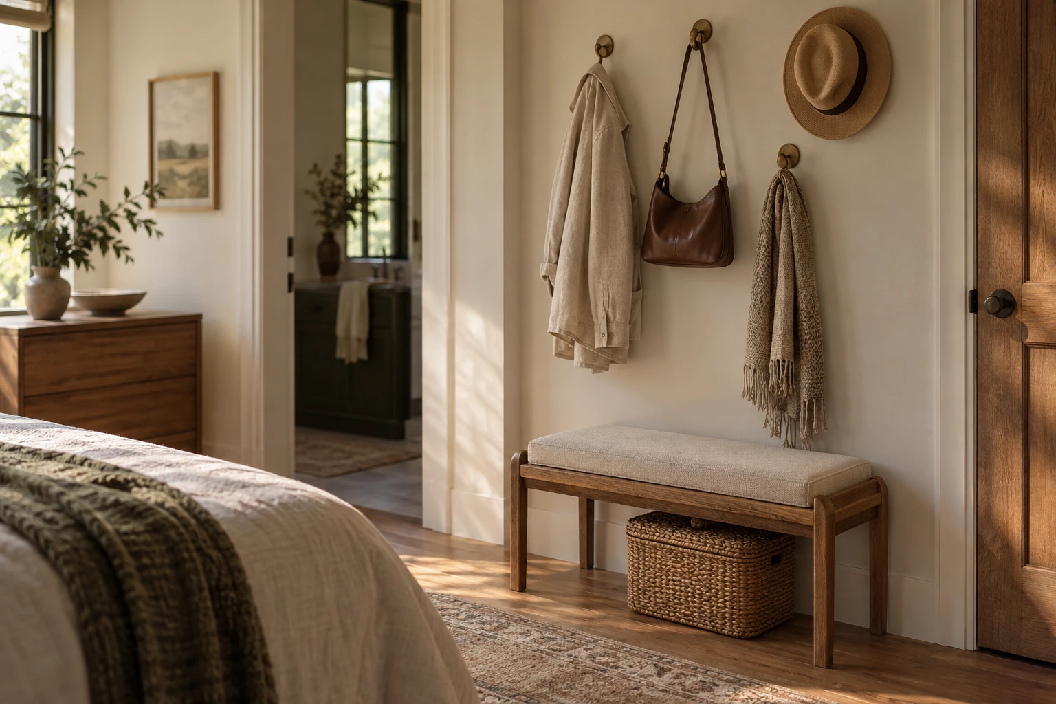 Bedroom doorway with wall hooks at two heights, a small upholstered bench, and a storage basket