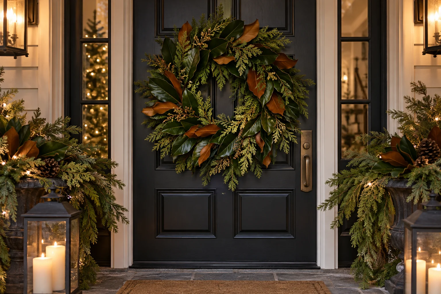 Full Christmas wreath combining broad magnolia leaves with cedar on a dark front door