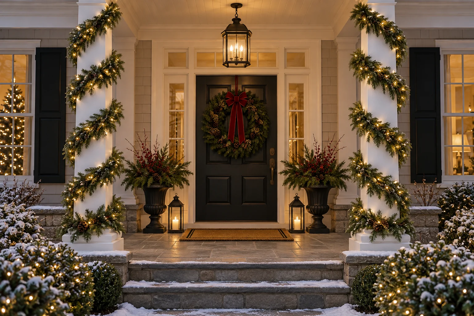Evenly spaced evergreen roping wrapped around front porch support columns