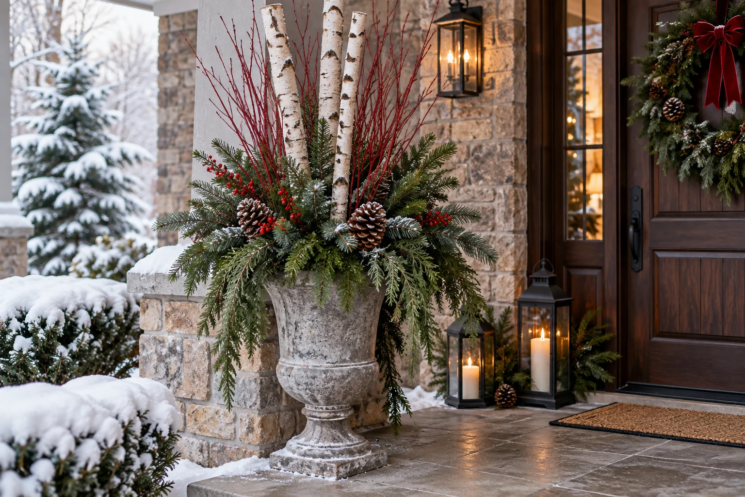 Winter porch urn with white birch branches red dogwood twigs and fir cuttings