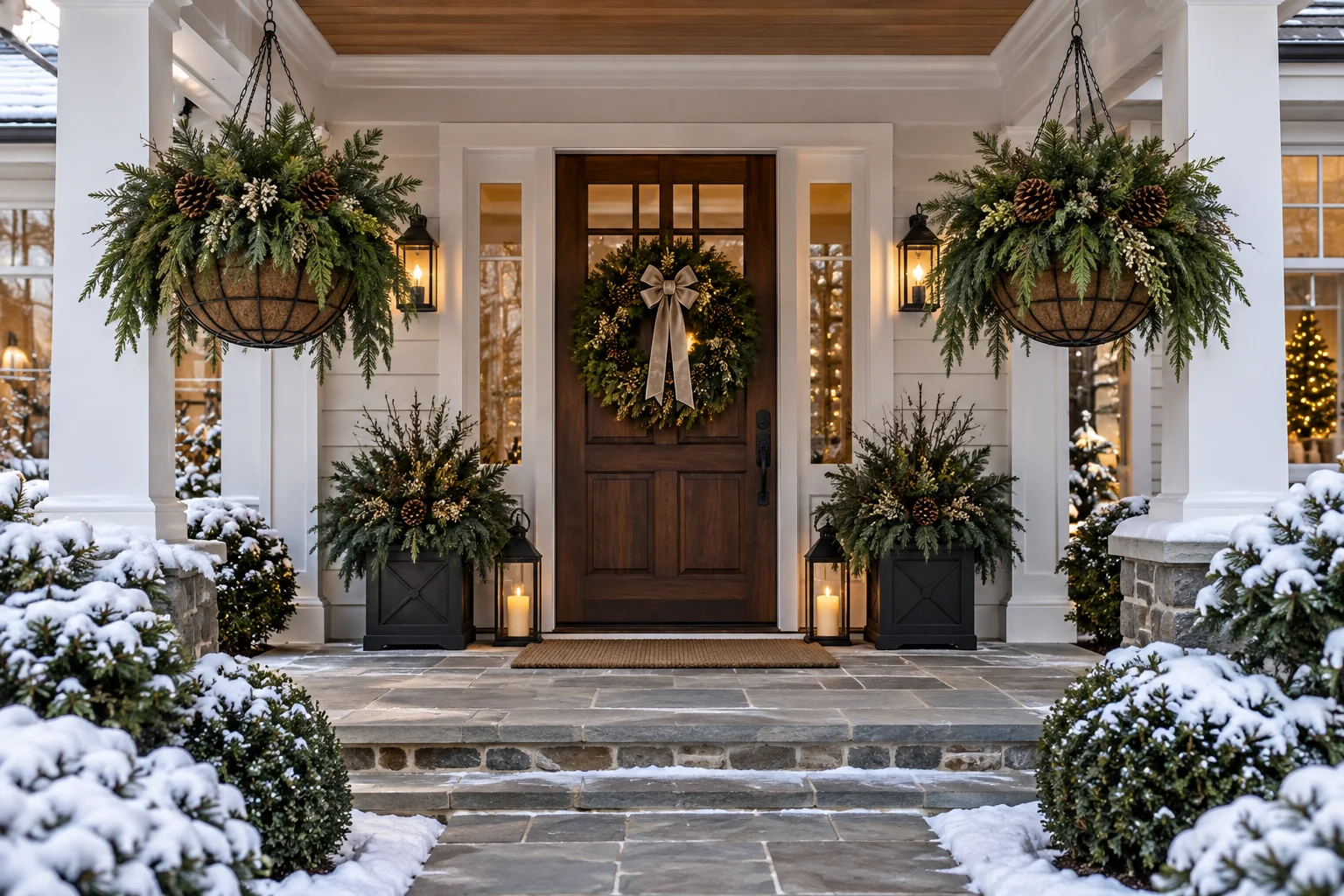 Evergreen spheres suspended in sturdy wire baskets from a covered porch ceiling