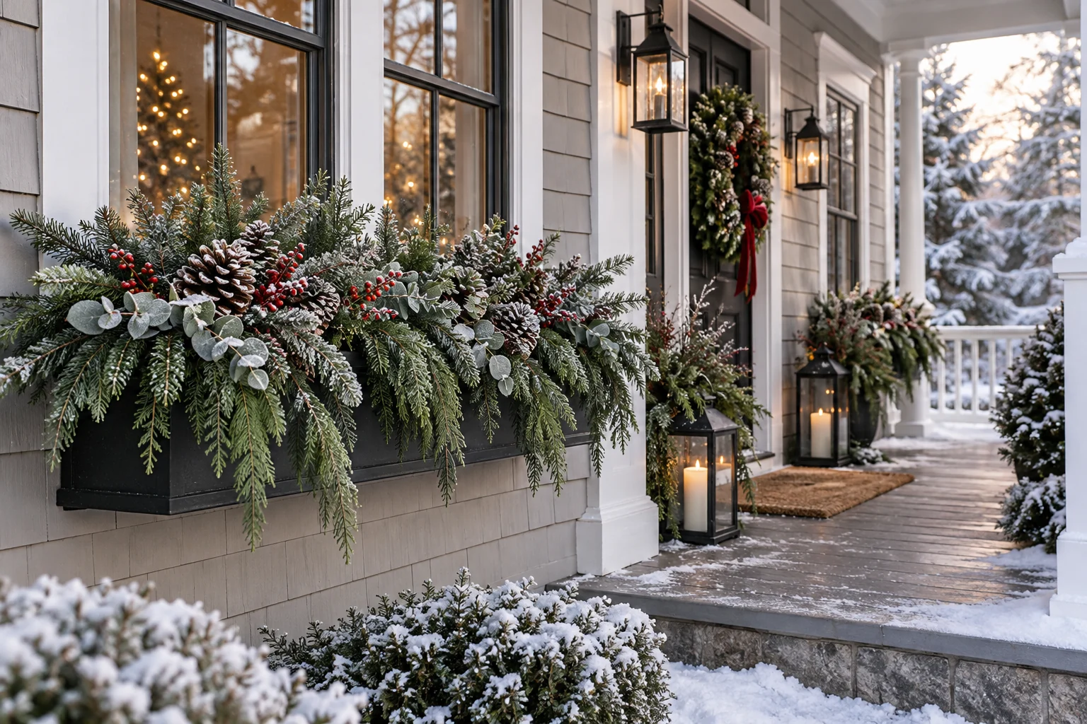 Winter window boxes filled with fir cedar and eucalyptus along a porch façade
