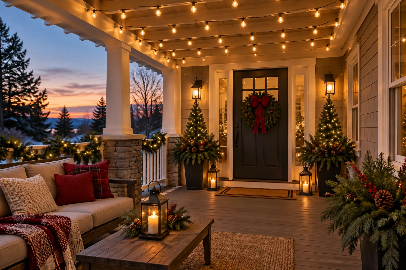 Outdoor-rated warm white string lights mounted neatly along covered porch ceiling joists